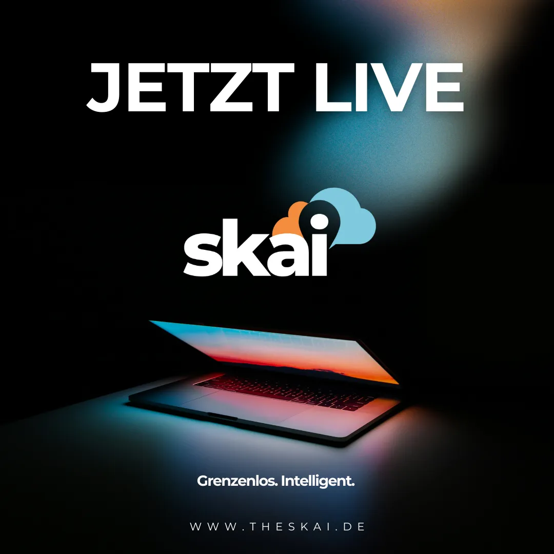 Grafisches Banner im Posterstil, dass einen halb geöffneten Laptop, das skai logo und einen link zur internetseite https://www.theskai.de zeigt