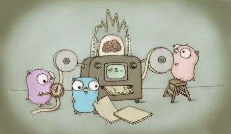 Comic mit 3 Gophern, die an einer Rechnenmaschine arbeiten