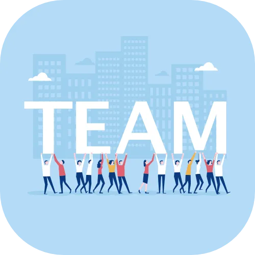 Comic in welchem viele Personen, das Wort Team in der Luft halten