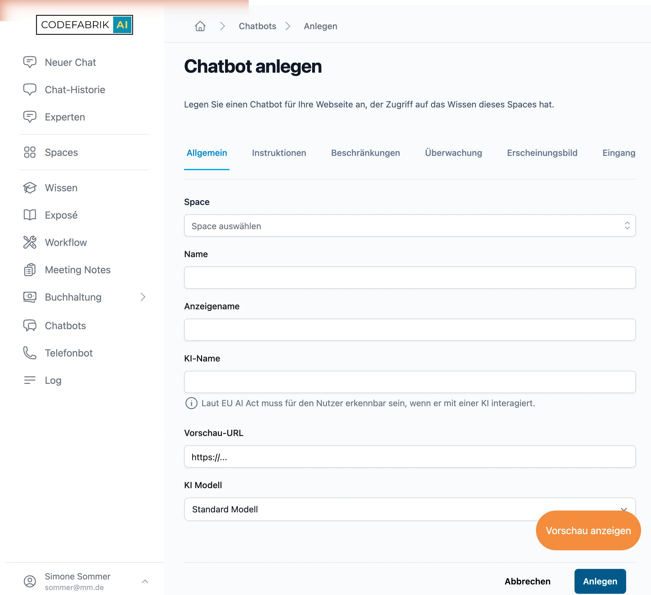 Einen Chatbot anlegen: Space, Name, KI-Name und Modell im Reiter „Allgemein"