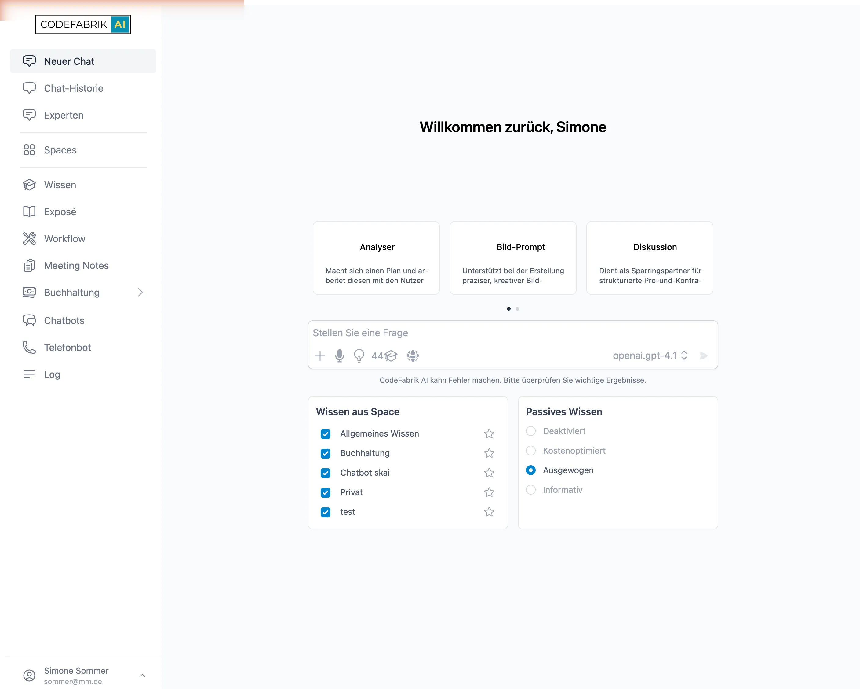 Die Chat-Startseite von skai: Hier beginnt jede Eingabe – und hier sind gespeicherte Prompts sofort zur Hand