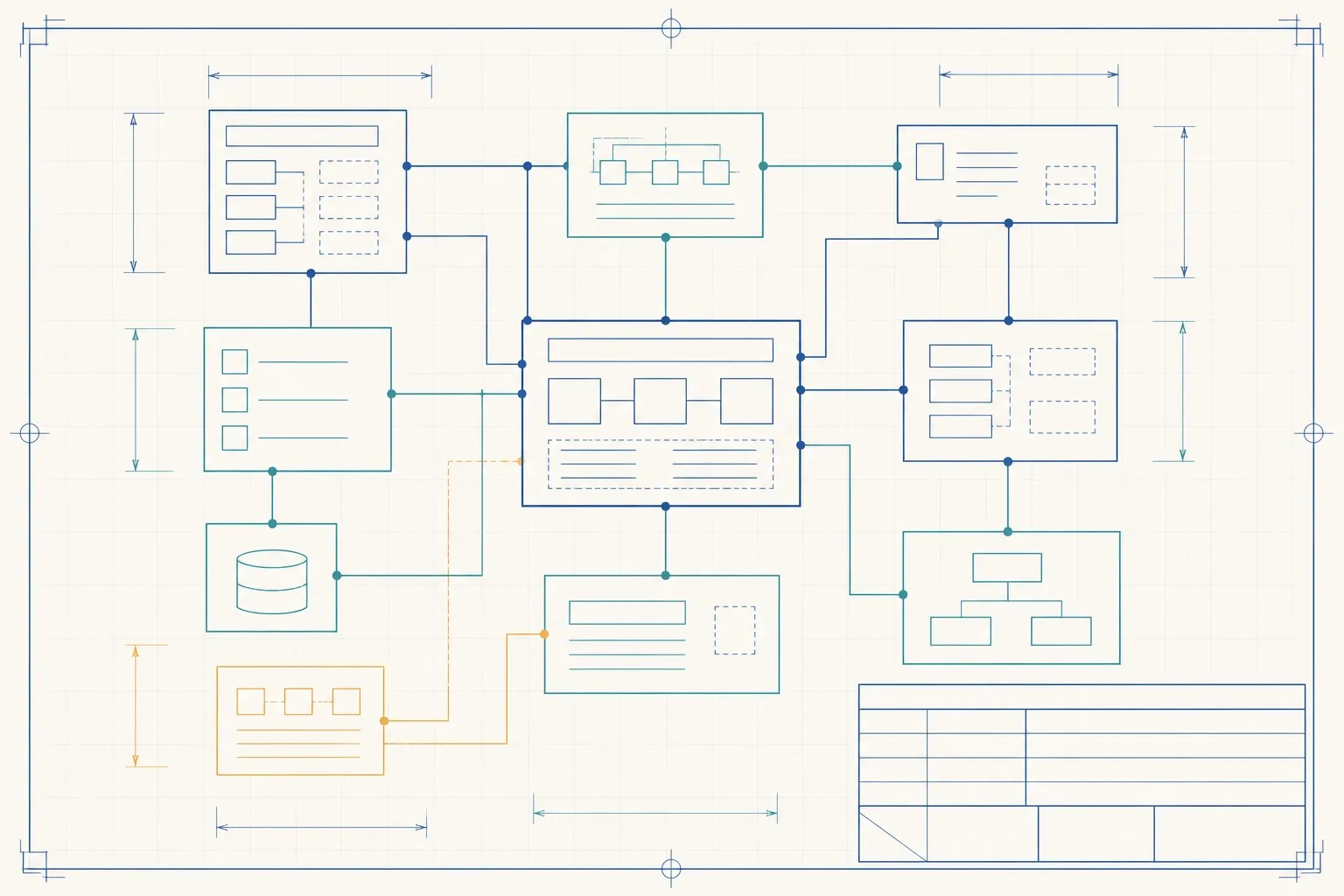 Technische Zeichnung eines Systems im Blaupausen-Stil: Kästen, Verbindungslinien und Maßpfeile in Blau, Teal und Orange auf hellem Papier. Unten rechts das Schriftfeld der Zeichnung, dessen Zeilen für Name und Unterschrift leer geblieben sind.